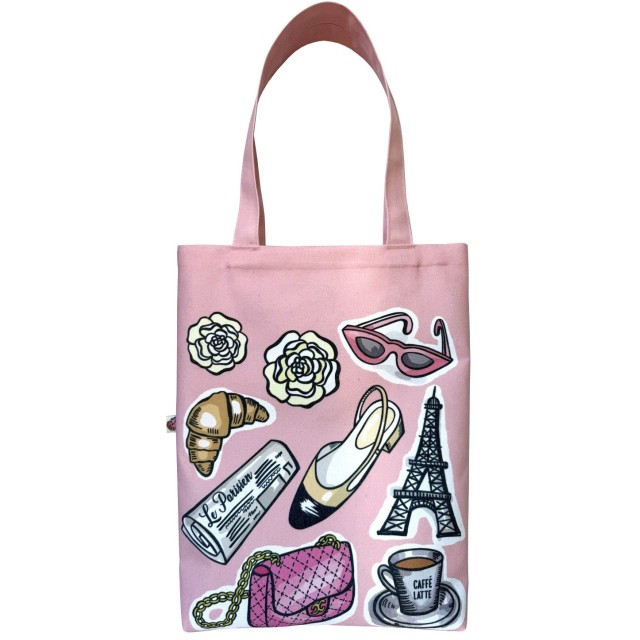 Pink Parisian textile tote bag