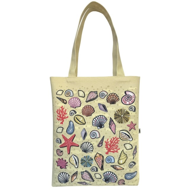 Shells on sand textile tote bag
