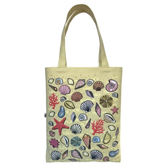 Shells on sand textile tote bag